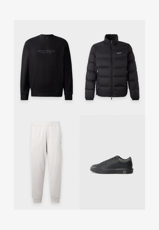 Black puffer jacket with a high collar, featuring a front zipper and two side pockets. Lightly quilted fabric with brand logo on chest.; Black crewneck sweatshirt featuring "ARMANI EXCHANGE MILANO / NEW YORK" in embossed text on the front. Fabric is smooth with ribbed cuffs.; Light gray sweatpants with an elastic waistband, side pockets, ribbed cuffs, and subtle branding on the leg, made of soft fabric.; Black leather sneaker with a smooth finish, rounded toe, and dark grey accents. Features lace-up design and textured rubber sole.