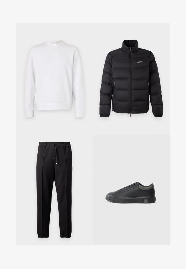 Casaco puffer preto com colarinho alto, apresentando um fecho éclair frontal e dois bolsos laterais. Tecido ligeiramente acolchoado com o logótipo da marca no peito.; Sweatshirt branca com gola redonda, apresentando o logótipo em relevo "ARMANI EXCHANGE" na frente. Tecido suave, corte descontraído, punhos e barra canelados.; Calças pretas com uma cinta na cintura, cordão ajustável e punhos elásticos. Apresenta pregas e um tecido liso e texturizado.; Sapatilha de couro preto com acabamento suave, bico arredondado e detalhes em cinza escuro. Apresenta um design de atacadores e sola de borracha texturizada.