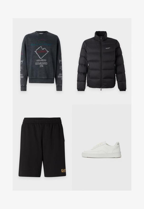 Fekete puffernadrág magas gallérral, elülső cipzárral és két oldalsó zsebbel. Enyhén steppelt anyag, márk логóval a mellkason.; Fekete pulóver kerek nyakkal, színes szövegekkel és logókkal díszítve. Az anyagoknak puha tapintása van; az ujjak és az alsó szegély bordázott textúrájúak.; Fekete sportnadrág puha anyagból, rugalmas derékkal és egy kis sárga EA7 logóval a bal alsó lábszáron.; Fehér bőr sportcipő sima felülettel, kerek orral, lapos fűzőkkel és texturált talppal. Finom logó található a sarokon.