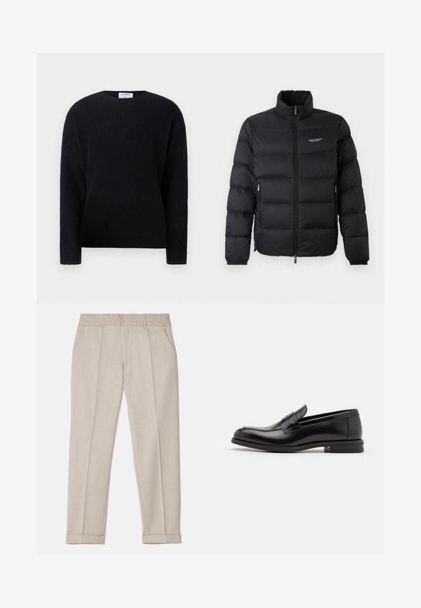 Black puffer jacket with a high collar, featuring a front zipper and two side pockets. Lightly quilted fabric with brand logo on chest.; Filippa K RELAXED SWEATER - Jumper - black; Filippa K TERRY CROPPED TROUSERS - Trousers - sage melange; Black leather loafers with a smooth texture, rounded toe, and a decorative strap across the vamp. Low stacked heel, minimalist design.