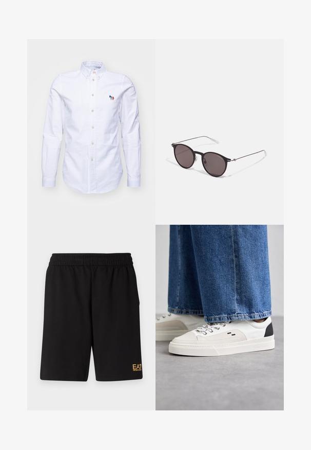 Svart pufferjakke med høy krage, utstyrt med glidelås foran og to sidelommer. Lett quiltet stoff med merkevarelogo på brystet.; PS Paul Smith MENS TAILORED FIT - Button down-skjorte - whites; Sorte treningsshorts laget av mykt stoff, med elastisk midje og en liten gul EA7-logo nederst på venstre ben.; Hvite og svarte joggesko med en glatt læroverdel, teksturerte detaljer og en kraftig hvit såle. Har en klassisk snøring.; Sorte, runde solbriller med mørke linser og slanke metalarmer. Inkluderer klare temple tips og sølvfargede detaljer ved hengslet. Minimalistisk design.
