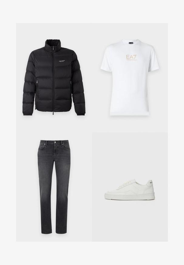 Svart pufferjakke med høy krage, utstyrt med glidelås foran og to sidelommer. Lett quiltet stoff med merkevarelogo på brystet.; Hvit bomulls t-skjorte med rund hals og korte ermer, med en gullfarget EA7 Emporio Armani-logo trykket på fronten.; Grå denim jeans med klassisk rett ben-design, med frontlommer, glidelås og en liten merkeetikett over høyre lomme.; Hvite lærersneakers med en jevn overflate, rund tå, flate lisser og en teksturert såle. Har en subtil logo på hælen.