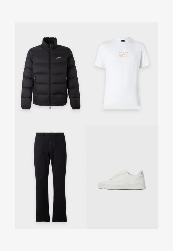 Fekete puffernadrág magas gallérral, elülső cipzárral és két oldalsó zsebbel. Enyhén steppelt anyag, márk логóval a mellkason.; Fehér pamut póló, kerek nyakkivágással és rövid ujjakkal, az elején arany EA7 Emporio Armani logóval nyomtatva.; Fekete pamut nadrág, egyenes lábbal, elöl gombos záródással és két oldalsó zsebbel; sima textúrájú, látható minták nélkül.; Fehér bőr sportcipő sima felülettel, kerek orral, lapos fűzőkkel és texturált talppal. Finom logó található a sarokon.