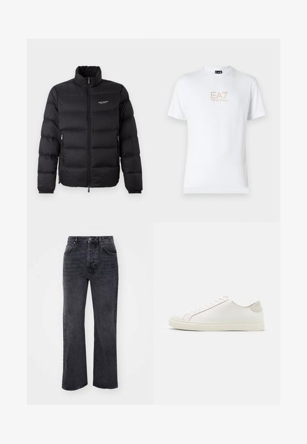 Černá péřová bunda s vysokým límcem, vybavená předním zipem a dvěma bočními kapsami. Lehce prošívaná látka s logem značky na hrudi.; Bílé bavlněné tričko s kulatým výstřihem a krátkým rukávem, na přední straně s potiskem zlatého loga EA7 Emporio Armani.; Černé denimové džíny se středně širokým designem nohavic, které mají pět kapes, zapínání na zip a knoflíkový uzávěr. Tkanina má hladkou texturu.; Bílé kožené tenisky s hladkým povrchem, kulatou špičkou a minimalistickým designem. Disponují béžovými akcenty na patě a gumovou podešví.