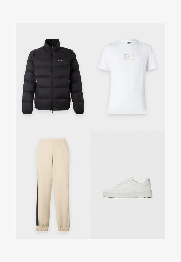 Fekete puffernadrág magas gallérral, elülső cipzárral és két oldalsó zsebbel. Enyhén steppelt anyag, márk логóval a mellkason.; Fehér pamut póló, kerek nyakkivágással és rövid ujjakkal, az elején arany EA7 Emporio Armani logóval nyomtatva.; Tejfehér színű sportnadrág fekete oldalsávokkal, rugalmas derékkal és bordázott mandzsettákkal. Puha anyag, lazább szabású.; Fehér bőr sportcipő sima felülettel, kerek orral, lapos fűzőkkel és texturált talppal. Finom logó található a sarokon.