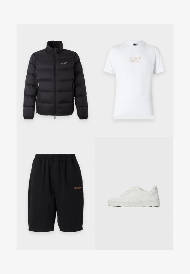 Schwarze Steppjacke mit hohem Kragen, ausgestattet mit einem Reißverschluss vorne und zwei Seitentaschen. Leicht gestepptes Material mit Logo auf der Brust.; Weißes Baumwoll-T-Shirt mit Rundhalsausschnitt und kurzen Ärmeln, mit einem goldenen EA7 Emporio Armani-Logo auf der Vorderseite.; Schwarze Baumwollshorts mit elastischem Bund, geradem Schnitt und seitlichen Taschen. Auf der Vorderseite befindet sich in Orange gestickt "No Problemo".; Weiße Ledersneaker mit glatter Oberfläche, runder Zehenpartie, flachen Schnürsenkeln und strukturiertem Sohlenprofil. Mit einem dezenten Logo an der Ferse.