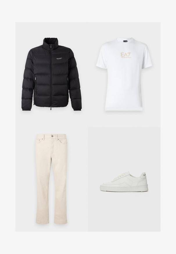 Geacă puffer neagră cu guler înalt, având fermoar pe față și două buzunare laterale. Material ușor căptușit cu logo-ul mărcii pe piept.; Tricou alb din bumbac, cu guler rotund și mâneci scurte, având un logo auriu EA7 Emporio Armani imprimat pe față.; Jeans bej dintr-un amestec de bumbac cu un croi drept. Se caracterizează printr-un sistem de închidere cu nasture și fermoar în față, cinci buzunare și detalii de cusătură subtile.; Sneakers din piele albă cu un finisaj neted, vârf rotund, șireturi plate și o talpă texturată. Prezintă un logo subtil pe călcâi.