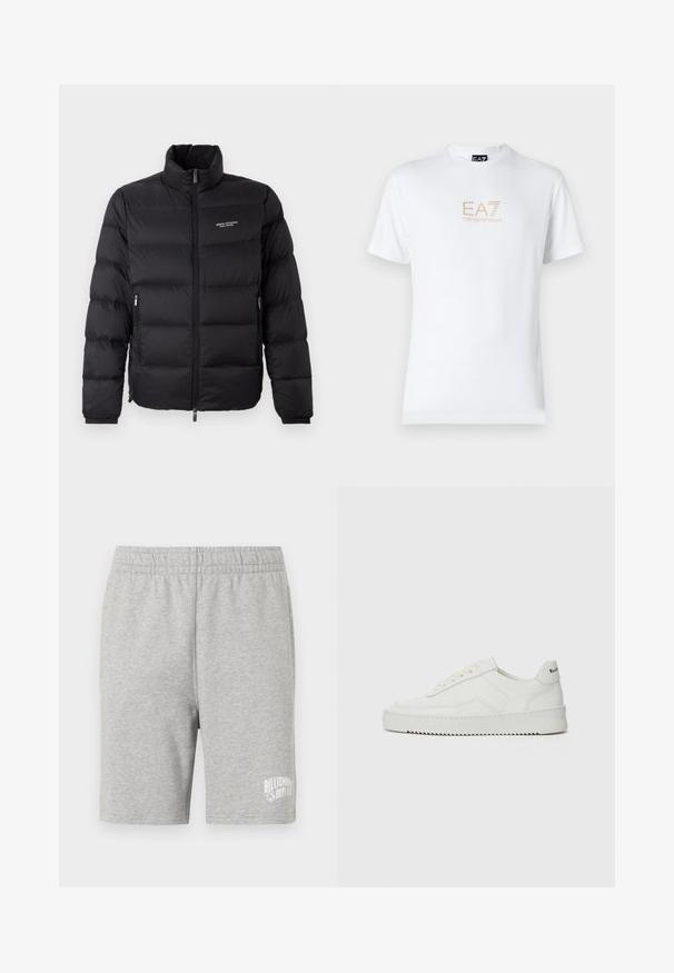 Czarna kurtka puchowa z wysokim kołnierzem, z zamkiem błyskawicznym z przodu i dwoma bocznymi kieszeniami. Lekko pikowany materiał z logo marki na klatce piersiowej.; Biała bawełniana koszulka z okrągłym dekoltem i krótkimi rękawami, z nadrukowanym z przodu złotym logo EA7 Emporio Armani.; Szare bawełniane szorty z elastycznym paskiem w talii i białym logo na dolnej prawej stronie. Miękka tekstura, długość do kolan.; Białe skórzane sneakersy o gładkim wykończeniu, okrągłym nosku, płaskich sznurówkach i teksturowanej podeszwie. Charakteryzują się delikatnym logo na pięcie.