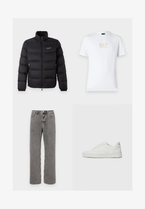 Zwarte pufferjack met een hoge kraag, voorzien van een voorrits en twee zijzakken. Licht gewatteerde stof met het merkimpressie op de borst.; Witte katoenen t-shirt met een ronde halslijn en korte mouwen, voorzien van een gouden EA7 Emporio Armani-logo op de voorkant.; Grijze denim jeans met een rechte pijp, vijf zakken en een knoopsluiting bij de taille. Subtiele vervaagde textuur overal.; Witte leren sneaker met een gladde afwerking, ronde neus, platte veters en een gestructureerde zool. Kenmerkt zich door een subtiel logo op de hiel.