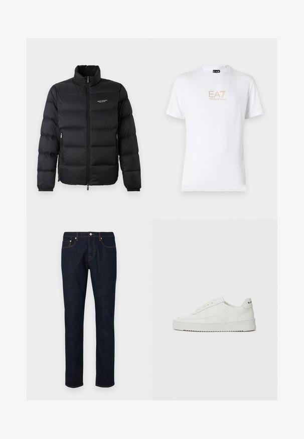 Čierna zateplená bunda s vysokým golierom, s predným zipsom a dvoma bočnými vreckami. Jemne prešívaná tkanina s logom značky na hrudi.; Biela bavlnená tričko s okrúhlym výstrihom a krátkymi rukávmi, na prednej strane s potlačou zlatého loga EA7 Emporio Armani.; Tmavé džíny vyrobené z denimu so strihom rovného nohu, s kontrastným prešívaním, päťvreckovým dizajnom a gombíkovým zapínaním v páse.; Biele kožené tenisky s hladkým povrchom, okrúly špičkový dizajn, ploché šnúrky a textúrovaná podrážka. Obsahujú jemné logo na päte.