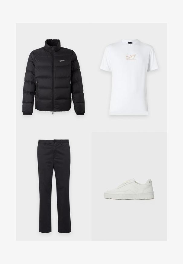 Fekete puffernadrág magas gallérral, elülső cipzárral és két oldalsó zsebbel. Enyhén steppelt anyag, márk логóval a mellkason.; Fehér pamut póló, kerek nyakkivágással és rövid ujjakkal, az elején arany EA7 Emporio Armani logóval nyomtatva.; Fekete pamut nadrág egyenes szabással, gombos záródással és övhurkokkal. Simább textúra, látható minták vagy díszítések nélkül.; Fehér bőr sportcipő sima felülettel, kerek orral, lapos fűzőkkel és texturált talppal. Finom logó található a sarokon.