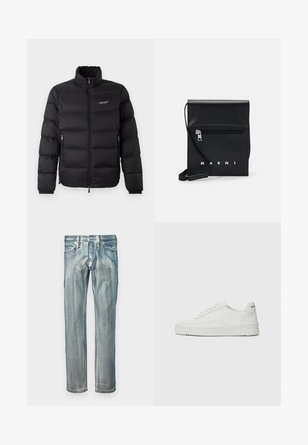 Czarna kurtka puchowa z wysokim kołnierzem, z zamkiem błyskawicznym z przodu i dwoma bocznymi kieszeniami. Lekko pikowany materiał z logo marki na klatce piersiowej.; Kremowa bawełniana koszulka z krótkim rękawem. Posiada niebieski graficzny logo "Soft-e" oraz ilustrację z napisem „100% SOFT.”; Niebieskie dżinsy o prostym kroju, z wyblakłym wykończeniem, pięcioma kieszeniami i miedzianymi akcentami przy pasku.; Białe skórzane sneakersy o gładkim wykończeniu, okrągłym nosku, płaskich sznurówkach i teksturowanej podeszwie. Charakteryzują się delikatnym logo na pięcie.; Czarna skórzana torebka na ramię z zasuwaną przednią kieszenią, wytłoczonym logo i regulowanym paskiem. Gładka tekstura z wyraźnym kształtem.