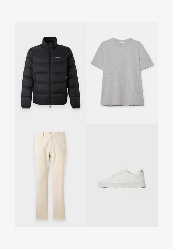 Melna pūkaina jaka ar augstu apkakli, ar priekšējo rāvējslēdzēju un divām sānu kabatām. Viegls, quiltēts audums ar zīmola logo uz krūtīm.; Pelēks īsā piedurkņu T-krekls, kas izgatavots no mīkstas, teksturētas auduma. Tam ir klasiskā apļa kakla izgriezums un taisna apakšmalā, piemērots ikdienas valkāšanai.; Bežīgas kokvilnas bikses, taisnas kājas dizains, aprīkotas ar pogu aizdari un jostu cilpām, gluda tekstūra un bez redzamām rakstām vai akcentiem.; Baltas ādas sneakers ar gludu virsmu, apaļu pirkstu daļu, plakaniem šņorēm un teksturētu zoli. Satur diskrētu logotipu uz papēža.