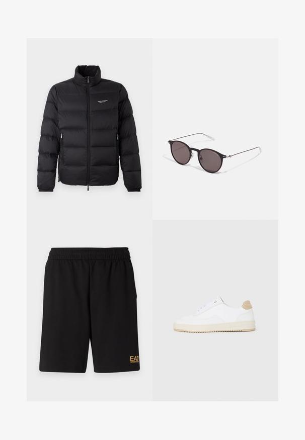 Musternõelaga must puffer jakk kõrge kaelusega, esisilindiga ja kahe küljetaskuga. Kergelt tikitud kangas brändi logoga rinnal.; Must must T-särk, millel on ümmargune kaelus, lühikesed варст и väljend "EMPORIO ARMANI" valgete tähtedega, mille all on kõveras kujunduses sõna "Milano".; Mustad mustad lühikesed püksid, mis on valmistatud pehmest kangast. Omavad elastset vöökohta ja väikest kollast EA7 logo vasakul jalal.; Valged madala varsaga tennisetooted, mille pealmine on tekstuuriga nahast, kreemja soonikuga tald ja pruuni tooni kand. Omab valgeid paelu ja logodetaile kanna peal.; Mustad mustad prillid tumedate läätsedega ja õhukeste metallist käepidemetega. Kaarja kujuga seljaosa ja hõbedased aktsendid hingel. Minimalistlik disain.