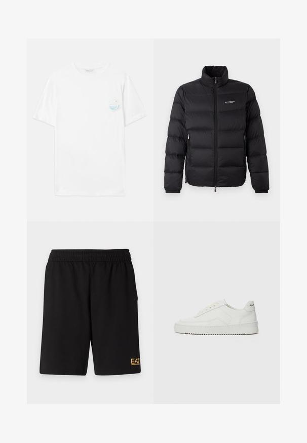 Čierna zateplená bunda s vysokým golierom, s predným zipsom a dvoma bočnými vreckami. Jemne prešívaná tkanina s logom značky na hrudi.; Biele bavlnené tričko s krátkymi rukávmi, na ľavej hrudi s malým viacfarebným grafickým tlačovým vzorom znázorňujúcim vlny a textom "Out of Plastic."; Čierne športové šortky vyrobené z jemného materiálu, s elastickým pásom a malým žltým logom EA7 na dolnej ľavej nohe.; Biele kožené tenisky s hladkým povrchom, okrúly špičkový dizajn, ploché šnúrky a textúrovaná podrážka. Obsahujú jemné logo na päte.