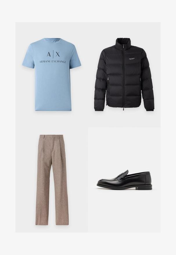 Črna puhovka z visokim ovratnikom, zelnata zadrgo spredaj in dvema stranskima žepoma. Lahko prešita tkanina z logotipom znamke na prsih.; Svetlo modra bombažna majica s kratkimi rokavi in okroglim izrezom. Na sprednji strani je temno tiskano logotip "A|X ARMANI EXCHANGE."; Rjave hlače z visokim pasom, izdelane iz teksturirane tkanine. Imajo široke noge in dve sprednji pregibi za strukturo. Urejen zaključek brez vidne strojne opreme.; Črne usnjene loafer čevlje z gladko teksturo, zaobljenim nosom in dekorativnim trakom čez zgornji del. Nizka zložena peta, minimalističen dizajn.