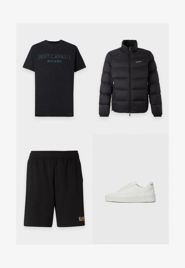 Juodas pūkinis švarkas su aukštu kaklu, turintis priekinį užtrauktuką ir dvi šonines kišenes. Lengvai siuvinėta medžiaga su prekės ženklu krūtinėje.; Juodas medvilnės marškinėliai su ryškiu mėlynu siuvinėjimu "JUST CAVALLI MILANO" per krūtinę, apvaliu iškirpimu ir laisvu siluetu.; Juoda sportinė šortai, pagaminti iš minkštos medžiagos, su elastingu diržu ir maža geltona EA7 logo apatinėje kairėje kojoje.; Balti odiniai sportiniai bateliai su lygia apdaila, apvaliu pirštu, plokščiais raišteliais ir tekstūruotu padu. Pasižymi subtiliu logotipu ant kulno.