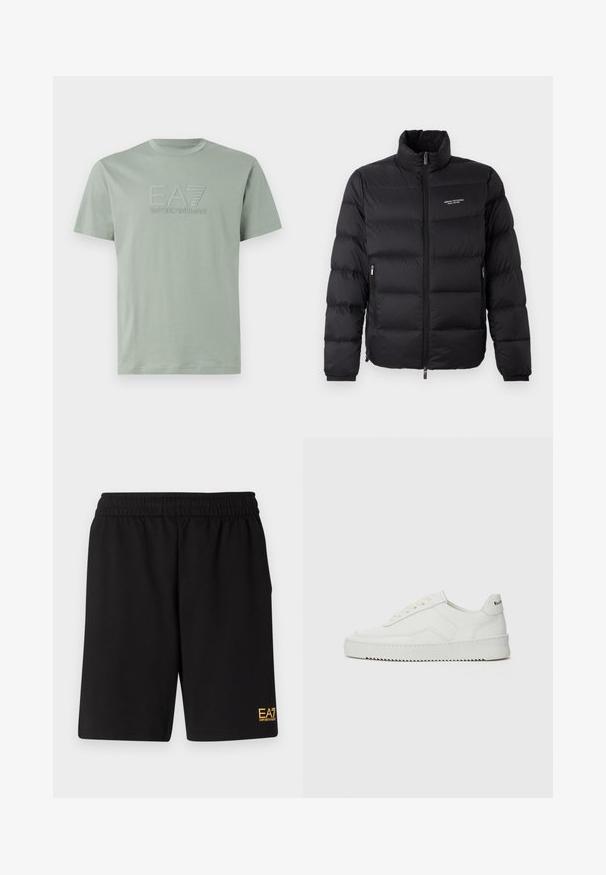 Μαύρο φούτερ μπουφάν με ψηλό γιακά, που διαθέτει μπροστινό φερμουάρ και δύο πλαϊνές τσέπες. Ελαφρώς επενδεδυμένος ύφασμα με το λογότυπο της επωνυμίας στο στήθος.; Ανοιχτό πράσινο βαμβακερό T-shirt με κοντά μανίκια. Διαθέτει ανάγλυφο λογότυπο που γράφει "EA7 Emporio Armani" μπροστά. Στρογγυλή λαιμόκοψη.; Μαύρες αθλητικές βερμούδες από μαλακό ύφασμα, με ελαστική μέση και μικρό λογότυπο EA7 στο κάτω αριστερό πόδι.; Λευκό δερμάτινο sneakers με λείο φινίρισμα, στρογγυλή μύτη, επίπεδα κορδόνια και υφή στην σόλα. Φέρει μια διακριτική λογότυπο στη φτέρνα.