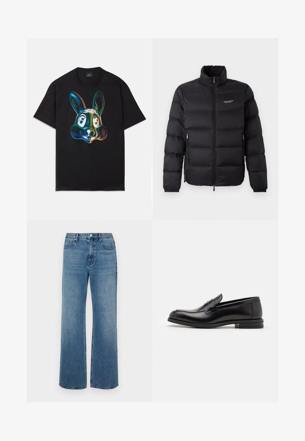 Musternõelaga must puffer jakk kõrge kaelusega, esisilindiga ja kahe küljetaskuga. Kergelt tikitud kangas brändi logoga rinnal.; Must alati t-särk, mille esiküljel on värviline, abstraktne jänese näo illustratsioon. Ümara kaelusega, lühikeste varrukatega ja avara lõikega.; Laiad sinised teksad, mis on valmistatud denimist ja millel on kulunud viimistlus. Omab viit taskut, ees nööpidega kinnitust ja sirget lõiget.; Mustad mustad nahast loafers sileda tekstuuriga, ümarat ninaosa ja dekoratiivne riba vampi üle. Madal kihiline konts, minimalistlik disain.