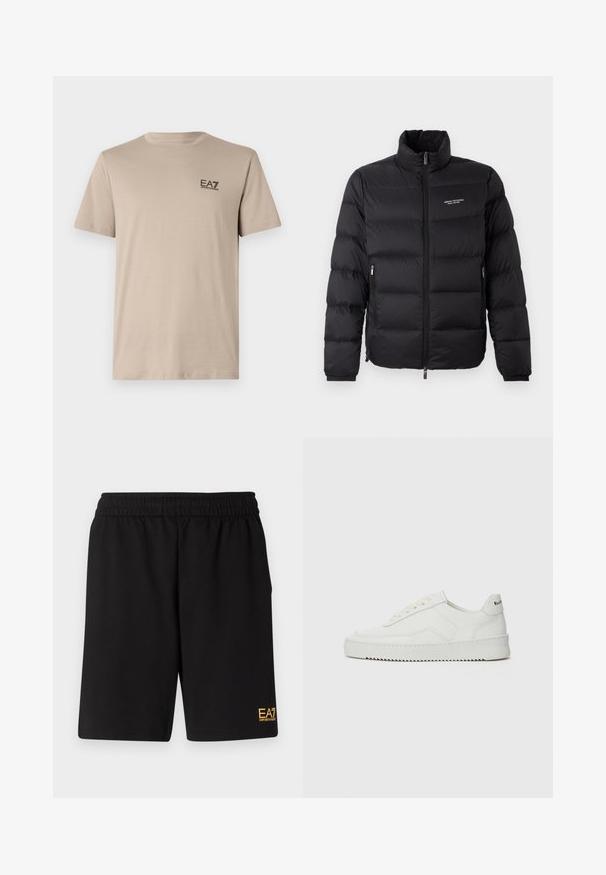 Černá péřová bunda s vysokým límcem, vybavená předním zipem a dvěma bočními kapsami. Lehce prošívaná látka s logem značky na hrudi.; Béžové tričko s krátkým rukávem z měkké bavlny. Na levém prsu je malé černé logo. Má kulatý výstřih, klasický střih a hladký povrch.; Černé sportovní šortky vyrobené z měkké látky, s elastickým pasem a malým žlutým logem EA7 na dolní části levé nohy.; Bílé kožené tenisky s hladkým povrchem, kulatou špičkou, plochými tkaničkami a texturovanou podrážkou. Na patě se nachází nenápadné logo.