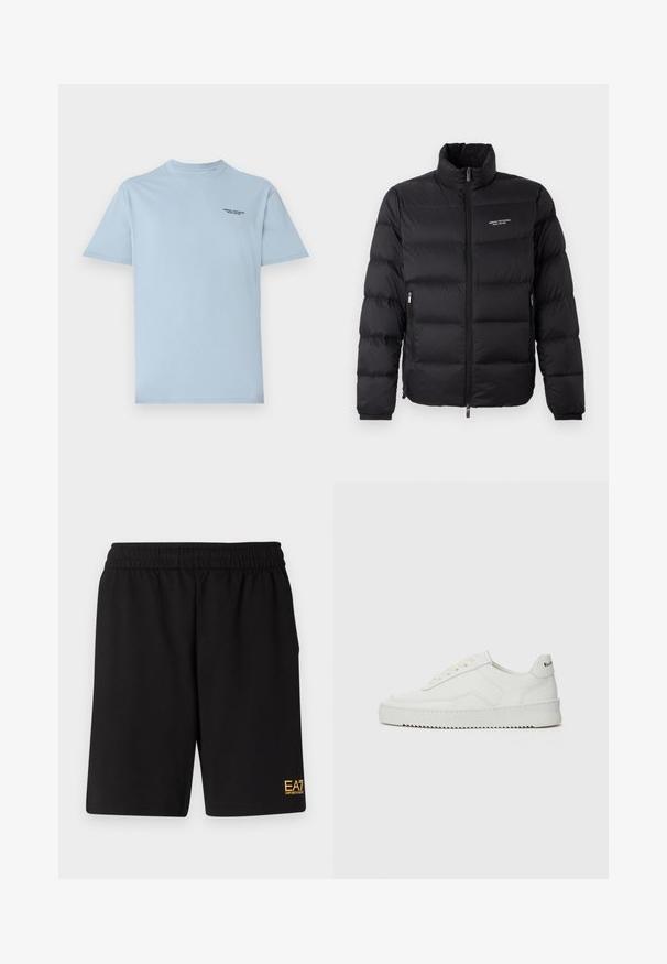 Melna pūkaina jaka ar augstu apkakli, ar priekšējo rāvējslēdzēju un divām sānu kabatām. Viegls, quiltēts audums ar zīmola logo uz krūtīm.; Gaiši zils īsām piedurknēm t-krekls, izgatavots no mīkstas kokvilnas, ar mazu melnu logotipu kreisajā krūšu pusē. Vienkāršs dizains ar apaļu kakla izgriezumu.; Melnas sporta šortus, kas izgatavoti no mīksta auduma, ar elastīgu jostu un mazu dzeltenu EA7 logo zem kreisā kājas stūra.; Baltas ādas sneakers ar gludu virsmu, apaļu pirkstu daļu, plakaniem šņorēm un teksturētu zoli. Satur diskrētu logotipu uz papēža.