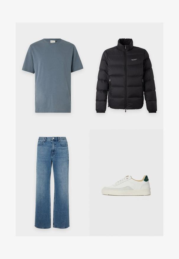 Chaqueta acolchada negra con cuello alto, que presenta un cierre frontal y dos bolsillos laterales. Tejido ligeramente acolchado con el logotipo de la marca en el pecho.; Camiseta de manga corta en suave algodón azul medio. Presenta un cuello redondo clásico, corte recto y detalles de costura mínimos.; Pantalones vaqueros de pierna ancha en denim con un acabado desgastado. Presenta cinco bolsillos, un cierre de botón en la parte delantera y un corte recto.; Zapatilla blanca con acentos de ante, puntera redondeada, cordones planos y suela de goma color crema. Presenta un logo verde en el talón.