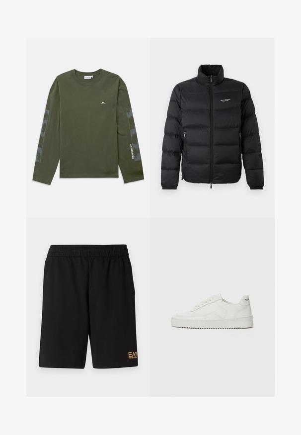 Schwarze Steppjacke mit hohem Kragen, ausgestattet mit einem Reißverschluss vorne und zwei Seitentaschen. Leicht gestepptes Material mit Logo auf der Brust.; Langärmliges olivgrünes T-Shirt aus Baumwolle, mit einem kleinen weißen Logo auf der Brust und einem gemusterten grauen Akzent auf den Ärmeln.; Schwarze Sportshorts aus weichem Material, mit einem elastischen Bund und einem kleinen gelben EA7-Logo am unteren linken Bein.; Weiße Ledersneaker mit glatter Oberfläche, runder Zehenpartie, flachen Schnürsenkeln und strukturiertem Sohlenprofil. Mit einem dezenten Logo an der Ferse.
