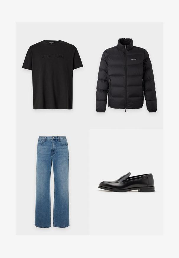 Black puffer jacket with a high collar, featuring a front zipper and two side pockets. Lightly quilted fabric with brand logo on chest.; Black cotton t-shirt with short sleeves, featuring a subtly embossed "MICHAEL KORS" logo across the chest and a classic crew neckline.; Wide-leg blue jeans made of denim with a faded finish. Features five pockets, a front button closure, and a straight cut.; Black leather loafers with a smooth texture, rounded toe, and a decorative strap across the vamp. Low stacked heel, minimalist design.