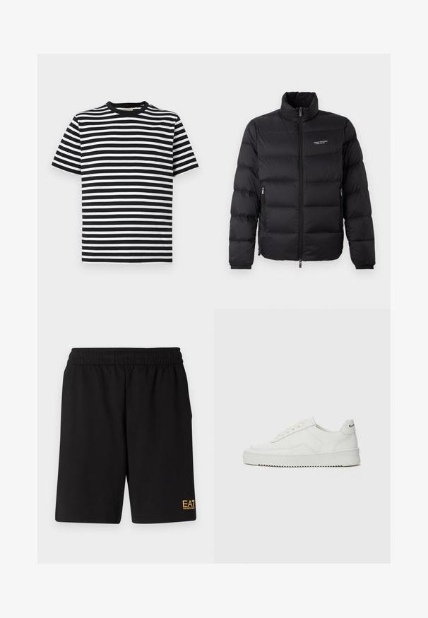 Chaqueta acolchada negra con cuello alto, que presenta un cierre frontal y dos bolsillos laterales. Tejido ligeramente acolchado con el logotipo de la marca en el pecho.; Camiseta de manga corta a rayas blancas y negras con cuello redondo y material de algodón suave. Rayas horizontales de igual ancho.; Pantalones cortos deportivos negros de tejido suave, con una cintura elástica y un pequeño logo amarillo de EA7 en la parte inferior de la pierna izquierda.; Zapatilla de cuero blanca con un acabado suave, puntera redonda, cordones planos y suela texturizada. Cuenta con un sutil logo en el talón.
