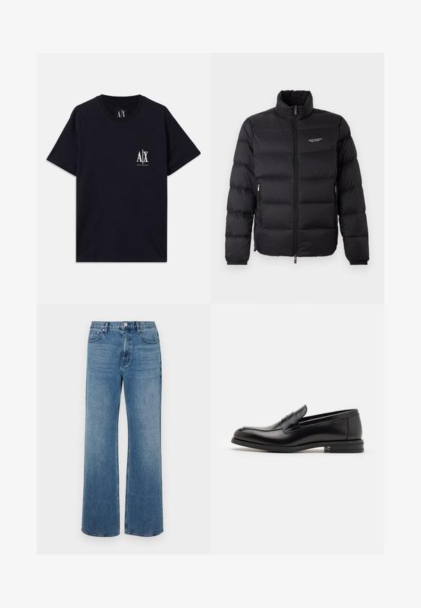 Melna pūkaina jaka ar augstu apkakli, ar priekšējo rāvējslēdzēju un divām sānu kabatām. Viegls, quiltēts audums ar zīmola logo uz krūtīm.; Melna kokvilnas T-kreklu ar īsām piedurknēm, apaļu kakla izgriezumu un baltu logotipu kreisajā krūtī. Gluda tekstūra un brīva piegriezne.; Platās kājas zilo džinsu bikses izgatavotas no zila auduma ar izbalējušu apdari. Tām ir piecas kabatas, priekšējais pogu aizdare un taisna piegriezuma forma.; Melnas ādas kurpes ar gludu tekstūru, noapaļu purngalu un dekoratīvu siksniņu pāri priekšpusei. Zems sakrauts papēdis, minimālisma dizains.