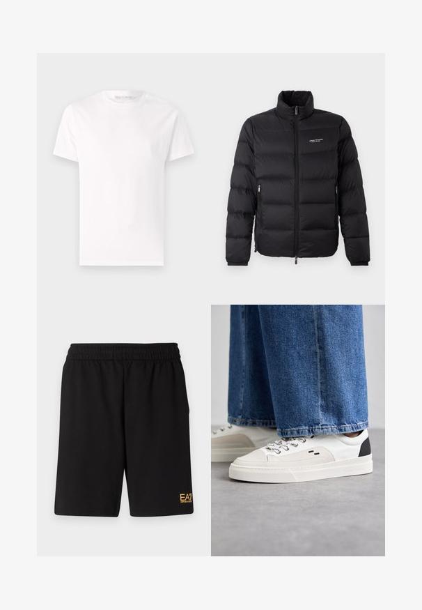 Černá péřová bunda s vysokým límcem, vybavená předním zipem a dvěma bočními kapsami. Lehce prošívaná látka s logem značky na hrudi.; Bílé bavlněné tričko s krátkým rukávem, kulatým výstřihem a hladkou, jemnou texturou. Bez vzorů; jednoduchý design.; Černé sportovní šortky vyrobené z měkké látky, s elastickým pasem a malým žlutým logem EA7 na dolní části levé nohy.; Bílé a černé tenisky s hladkým koženým svrškem, texturovanými akcenty a robustní bílou podešví. Mají klasický design se šněrováním.