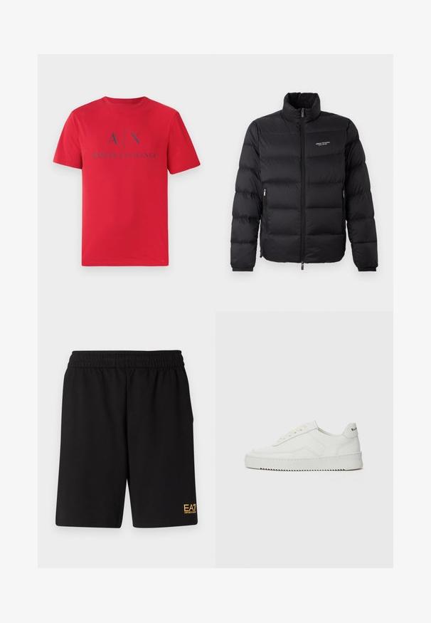 Černá péřová bunda s vysokým límcem, vybavená předním zipem a dvěma bočními kapsami. Lehce prošívaná látka s logem značky na hrudi.; Červené bavlněné tričko s krátkým rukávem. Na přední straně je potisk modrou logem "A|X ARMANI EXCHANGE". Klasický design s kulatým výstřihem.; Černé sportovní šortky vyrobené z měkké látky, s elastickým pasem a malým žlutým logem EA7 na dolní části levé nohy.; Bílé kožené tenisky s hladkým povrchem, kulatou špičkou, plochými tkaničkami a texturovanou podrážkou. Na patě se nachází nenápadné logo.
