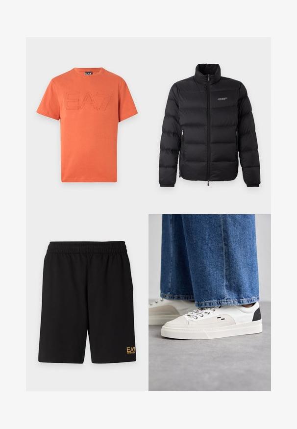 Casaco puffer preto com colarinho alto, apresentando um fecho éclair frontal e dois bolsos laterais. Tecido ligeiramente acolchoado com o logótipo da marca no peito.; T-shirt de algodão laranja com um logótipo EA7 texturizado na parte da frente. Gola redonda padrão e mangas curtas. Acabamento de tecido suave.; Calções desportivos pretos feitos de um tecido suave, com um cós elástico e um pequeno logótipo amarelo EA7 na parte inferior da perna esquerda.; Sapatilhas brancas e pretas com um upper de couro suave, detalhes texturizados e uma sola branca grossa. Apresenta um design clássico de atacadores.