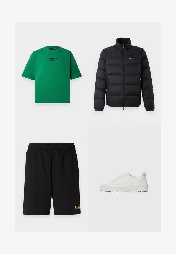 Sort pufferjakke med høj krave, med en frontlynlås og to sidelommer. Let quiltet stof med mærkets logo på brystet.; Grøn T-shirt lavet af bomuld, med rund hals og korte ærmer. Sort "DSQUARED2 MILANO" logo centreret på forsiden.; Sorte atletiske shorts lavet af blødt stof, med en elastisk talje og et lille gult EA7-logo nederst på venstre ben.; Hvide lædersneakers med en glat overflade, rund tå, flade snørebånd og en tekstureret sål. Har et diskret logo på hælen.