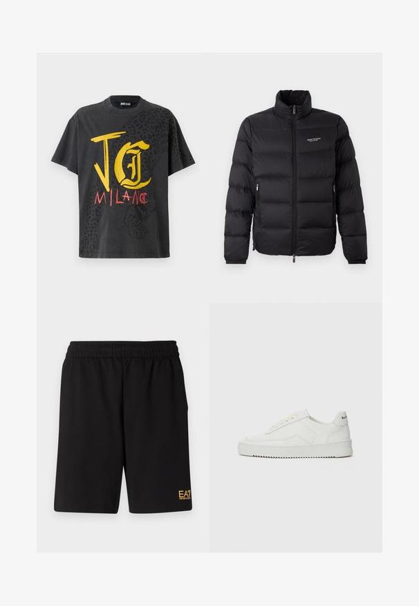 Juodas pūkinis švarkas su aukštu kaklu, turintis priekinį užtrauktuką ir dvi šonines kišenes. Lengvai siuvinėta medžiaga su prekės ženklu krūtinėje.; Juoda trumpa rankovė t-shirt su geltonais ir raudonais grafikos tekstais "JG MILAN" ir leopardo rašto dizainu vienoje pusėje. Pagaminta iš medvilnės.; Juoda sportinė šortai, pagaminti iš minkštos medžiagos, su elastingu diržu ir maža geltona EA7 logo apatinėje kairėje kojoje.; Balti odiniai sportiniai bateliai su lygia apdaila, apvaliu pirštu, plokščiais raišteliais ir tekstūruotu padu. Pasižymi subtiliu logotipu ant kulno.