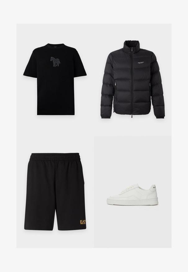 Černá péřová bunda s vysokým límcem, vybavená předním zipem a dvěma bočními kapsami. Lehce prošívaná látka s logem značky na hrudi.; Černé bavlněné tričko s šedým zebrovaným grafickým motivem na přední straně. Design má kulatý výstřih a krátké rukávy, s volným střihem.; Černé sportovní šortky vyrobené z měkké látky, s elastickým pasem a malým žlutým logem EA7 na dolní části levé nohy.; Bílé kožené tenisky s hladkým povrchem, kulatou špičkou, plochými tkaničkami a texturovanou podrážkou. Na patě se nachází nenápadné logo.
