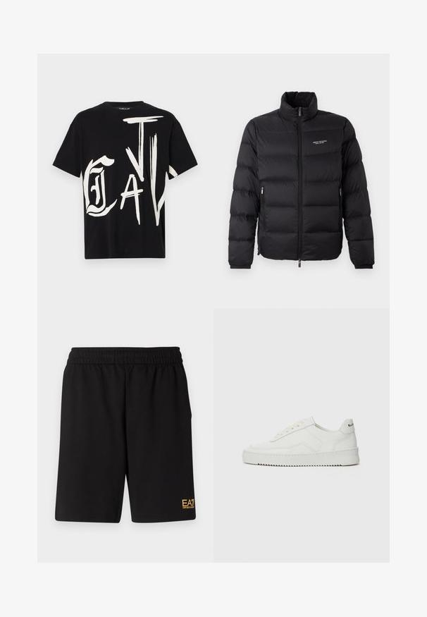 Crna puf jaka s visokim ovratnikom, s prednjim zatvaračem i dva bočna džepa. Lagano kviltano platno s logotipom branda na prsima.; Crna kratka majica s kratkim rukavima s odvažnim bijelim grafičkim dizajnom koji prikazuje velike, stilizirane natpise na prednjoj strani. Pamuk, okrugli izrez.; Crne atletske kratke hlače od mekanog materijala, s elastičnim pojasom i malim žutim EA7 logotipom na donjoj lijevoj nozi.; Bijele kožne tenisice s glatkom površinom, okruglim vrhom, ravnim vezicama i teksturiranom potplatom. Imaju suptilan logo na peti.