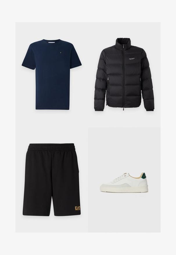 Zwarte pufferjack met een hoge kraag, voorzien van een voorrits en twee zijzakken. Licht gewatteerde stof met het merkimpressie op de borst.; Marineblauwe T-shirt met korte mouwen, gemaakt van katoen, met een ronde hals en een klein wit embleem op de borst; gladde textuur.; Zwarte sportshorts van zacht materiaal, met een elastische tailleband en een klein geel EA7-logo op de onderste linkeronderbroek.; Witte sneaker met suède accenten, ronde neus, platte veters en een crème rubberen zool. Bevat groene branding op de hiel.