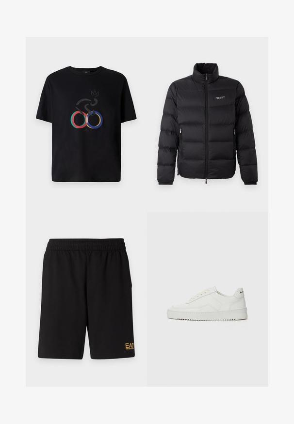 Juodas pūkinis švarkas su aukštu kaklu, turintis priekinį užtrauktuką ir dvi šonines kišenes. Lengvai siuvinėta medžiaga su prekės ženklu krūtinėje.; Juodas marškinėliai su grafiniu dizainu, kuriame matomi spalvoti olimpiniai žiedai, abstrakti dviračio siluetas ir karūnos motyvas. Pagaminta iš medvilnės.; Juoda sportinė šortai, pagaminti iš minkštos medžiagos, su elastingu diržu ir maža geltona EA7 logo apatinėje kairėje kojoje.; Balti odiniai sportiniai bateliai su lygia apdaila, apvaliu pirštu, plokščiais raišteliais ir tekstūruotu padu. Pasižymi subtiliu logotipu ant kulno.