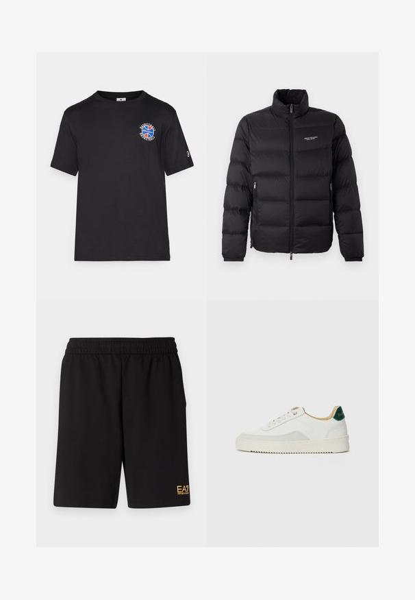 Mustapuffer-takki korkealla kauluksella, jossa on etuvetoketju ja kaksi sivutaskua. Keeledynelty kangas, jossa brändin logo rinnassa.; Musta puuvillapaita lyhyillä hihoilla, jossa on rintamuksessa pyöreä punainen, sininen ja valkoinen koripallokuva sekä pieni logo hihassa.; Mustat urheilushortsit, jotka on valmistettu pehmeästä kankaasta. Kengissä on joustava vyötärönauha ja pieni keltainen EA7-logo vasemmassa alakulmassa.; Valkoiset tennarit, joissa on nahkaosia, pyöreä kärki, tasaiset nauhat ja kermaisa kumi-pohja. Takana vihreä brändäys.