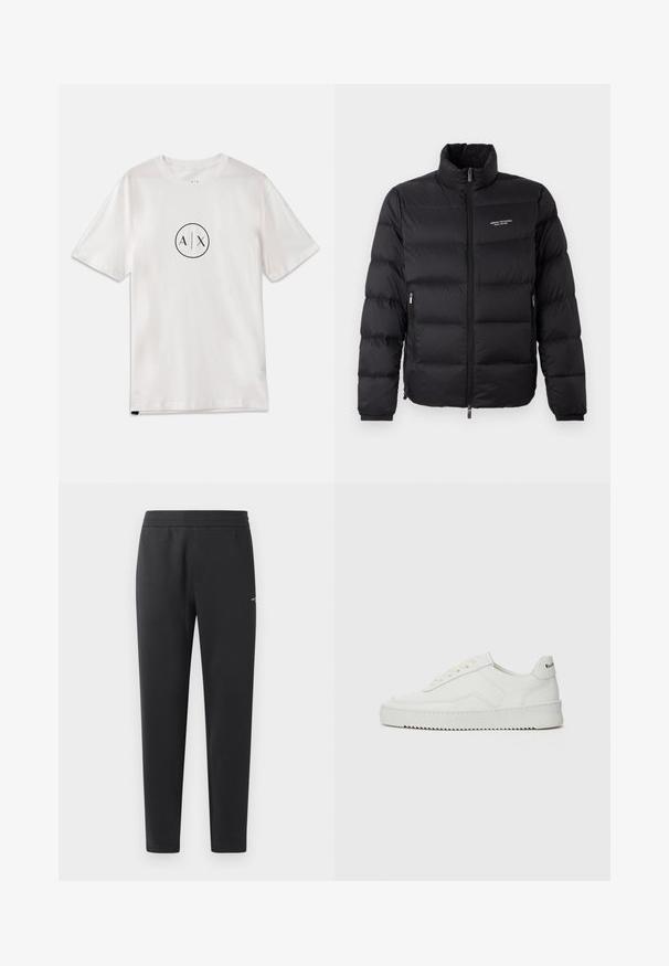 Musternõelaga must puffer jakk kõrge kaelusega, esisilindiga ja kahe küljetaskuga. Kergelt tikitud kangas brändi logoga rinnal.; Valge puuvillane T-särk lühikeste varrukatega, mille esiküljel on ümmargune must logo, mille keskel on "A/X", klassikaline ümar kaelus.; Mustad jogger pants pehmest kangast, millel on elastne vöökoht, sirged sääred ja üks väike logodetail küljel.; Valge nahast tennis, millel on sile põhi, ümar varvas, lamedad nöörid ja tekstuuriline tall. Sisaldab diskreetset logo kontsaribal.