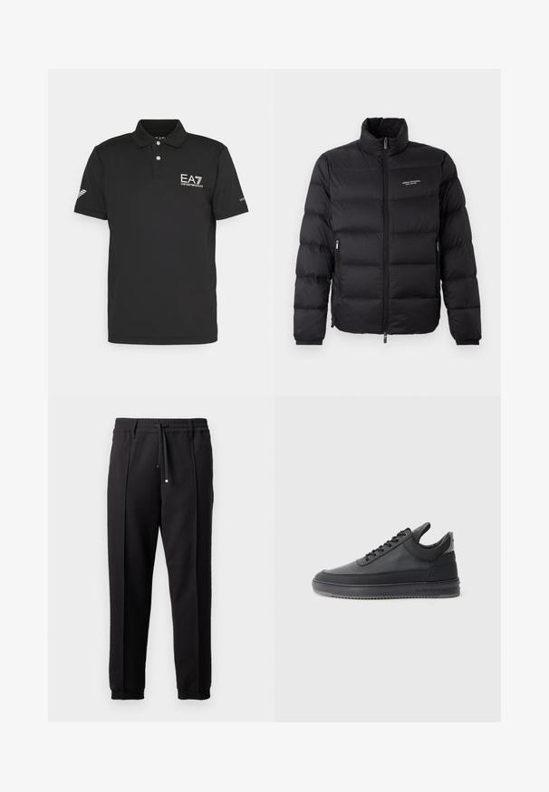 Svart pufferjakke med høy krage, utstyrt med glidelås foran og to sidelommer. Lett quiltet stoff med merkevarelogo på brystet.; Svart polo-skjorte laget av glatt stoff, med en to-knapps placket, EA7-logo på brystet, og ventilerte detaljer på ermene.; Sorte bukser med liv, snor og elastiske mansjetter. Har plisséer og et glatt, teksturert stoff.; svarte lær sneakers med en teksturert overflate, snøring, lav topp, og en grå gummi såle med en ribbet kant.