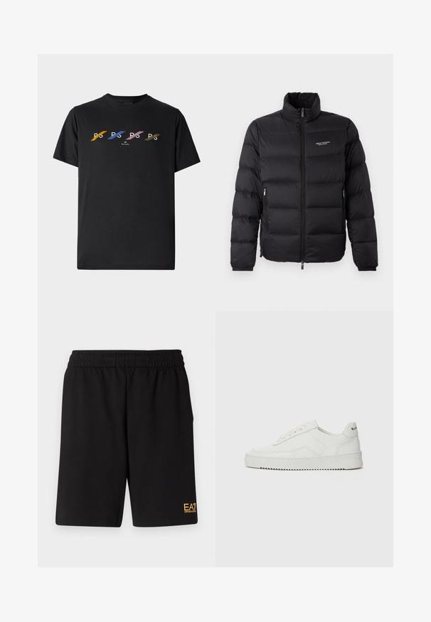 Zwarte pufferjack met een hoge kraag, voorzien van een voorrits en twee zijzakken. Licht gewatteerde stof met het merkimpressie op de borst.; Zwarte katoenen T-shirt met een kleurrijke bedrukte afbeelding waarop de letters "P" en "S" in geel, blauw, roze en groen zijn afgebeeld, gecentreerd op de borst.; Zwarte sportshorts van zacht materiaal, met een elastische tailleband en een klein geel EA7-logo op de onderste linkeronderbroek.; Witte leren sneaker met een gladde afwerking, ronde neus, platte veters en een gestructureerde zool. Kenmerkt zich door een subtiel logo op de hiel.
