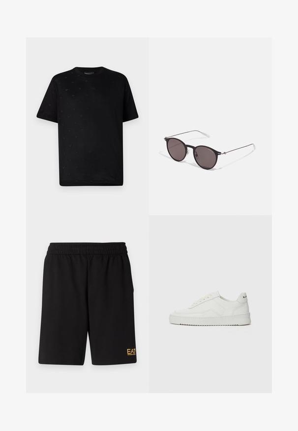Juodas pūkinis švarkas su aukštu kaklu, turintis priekinį užtrauktuką ir dvi šonines kišenes. Lengvai siuvinėta medžiaga su prekės ženklu krūtinėje.; Juodas medvilninis marškinėliai su tekstūriniu mažu, pakeltu V formos akcentų raštu visame audinyje, apvaliu kaklu ir trumpomis rankovėmis.; Juoda sportinė šortai, pagaminti iš minkštos medžiagos, su elastingu diržu ir maža geltona EA7 logo apatinėje kairėje kojoje.; Balti odiniai sportiniai bateliai su lygia apdaila, apvaliu pirštu, plokščiais raišteliais ir tekstūruotu padu. Pasižymi subtiliu logotipu ant kulno.; Juodos apvalios saulės akinių su tamsiais lęšiais ir plonomis metalinėmis šakomis. Įtraukti skaidrūs šventyklų galai ir sidabriniai akcentai vyrio srityje. Minimalistinis dizainas.