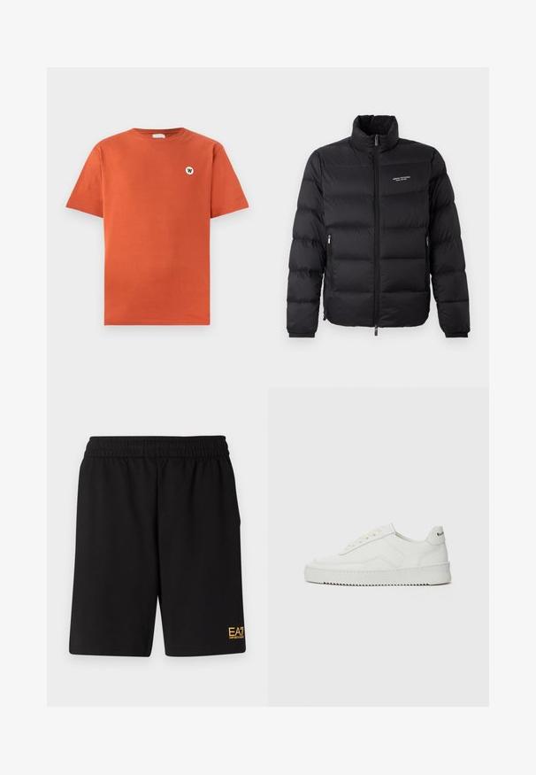 Czarna kurtka puchowa z wysokim kołnierzem, z zamkiem błyskawicznym z przodu i dwoma bocznymi kieszeniami. Lekko pikowany materiał z logo marki na klatce piersiowej.; Bawełniana koszulka w kolorze spalanej pomarańczy, standardowy krój, okrągły dekolt, krótkie rękawy, z małym okrągłym białym logo na klatce piersiowej.; Czarne sportowe szorty wykonane z miękkiego materiału, z elastycznym paskiem w talii oraz małym, żółtym logo EA7 na dolnej lewej nodze.; Białe skórzane sneakersy o gładkim wykończeniu, okrągłym nosku, płaskich sznurówkach i teksturowanej podeszwie. Charakteryzują się delikatnym logo na pięcie.