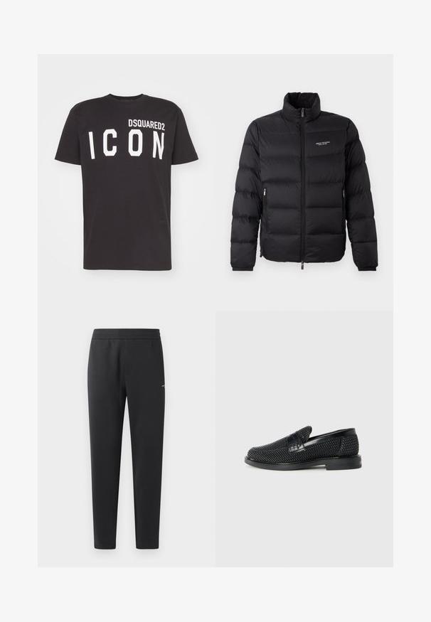 Black puffer jacket with a high collar, featuring a front zipper and two side pockets. Lightly quilted fabric with brand logo on chest.; Black cotton T-shirt featuring a crew neck and short sleeves, with "DSQUARED2 ICON" printed in bold white letters on the front.; Black jogger pants made of soft fabric, featuring an elastic waistband, straight legs, and a single small logo detail on the side.; Black woven slip-on shoe with a smooth leather accent on the upper, a round toe design, and a low-profile rubber sole.