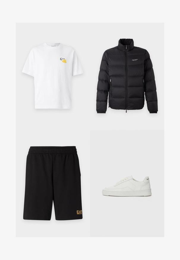 Černá péřová bunda s vysokým límcem, vybavená předním zipem a dvěma bočními kapsami. Lehce prošívaná látka s logem značky na hrudi.; Bílý bavlněný tričko s krátkými rukávy, na přední straně s malou černou a žlutou grafikou plátku citronu a textem.; Černé sportovní šortky vyrobené z měkké látky, s elastickým pasem a malým žlutým logem EA7 na dolní části levé nohy.; Bílé kožené tenisky s hladkým povrchem, kulatou špičkou, plochými tkaničkami a texturovanou podrážkou. Na patě se nachází nenápadné logo.