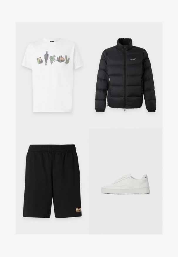 Černá péřová bunda s vysokým límcem, vybavená předním zipem a dvěma bočními kapsami. Lehce prošívaná látka s logem značky na hrudi.; Bílý bavlněný tričko s barevnými potisky různých kaktusů a designem listu přes hruď v různých odstínech zelené a růžové.; Černé sportovní šortky vyrobené z měkké látky, s elastickým pasem a malým žlutým logem EA7 na dolní části levé nohy.; Bílé kožené tenisky s hladkým povrchem, kulatou špičkou, plochými tkaničkami a texturovanou podrážkou. Na patě se nachází nenápadné logo.