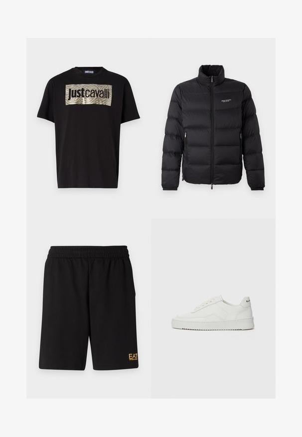 Černá péřová bunda s vysokým límcem, vybavená předním zipem a dvěma bočními kapsami. Lehce prošívaná látka s logem značky na hrudi.; Černé tričko s krátkými rukávy má stříbrný a zlatý proužkovaný obdélníkový grafický vzor s textem "JustCavalli" v tučných černých písmenech.; Černé sportovní šortky vyrobené z měkké látky, s elastickým pasem a malým žlutým logem EA7 na dolní části levé nohy.; Bílé kožené tenisky s hladkým povrchem, kulatou špičkou, plochými tkaničkami a texturovanou podrážkou. Na patě se nachází nenápadné logo.