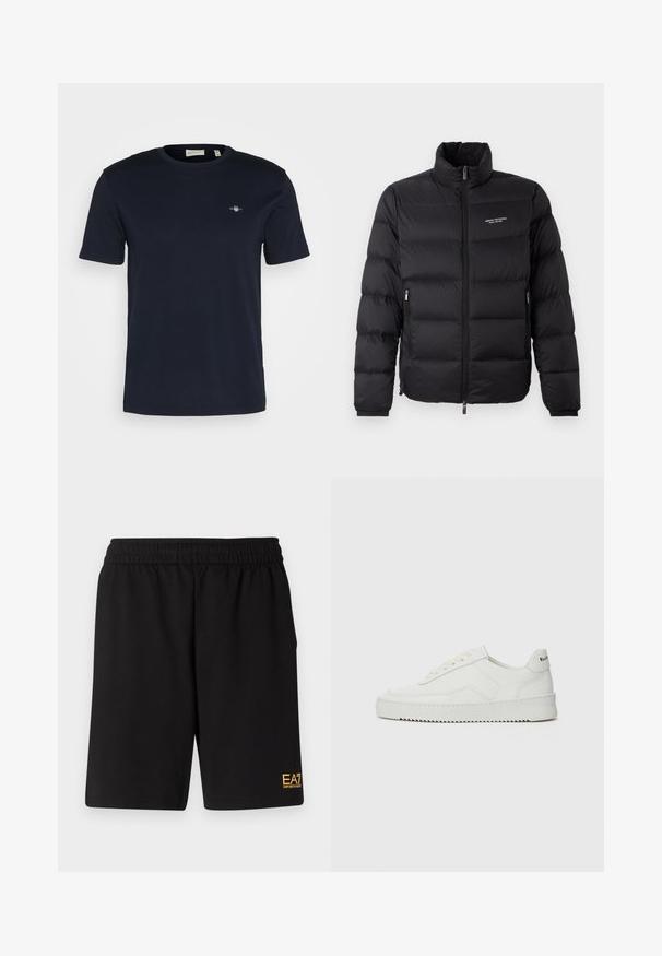 Zwarte pufferjack met een hoge kraag, voorzien van een voorrits en twee zijzakken. Licht gewatteerde stof met het merkimpressie op de borst.; Marineblauwe katoenen T-shirt met een ronde hals, korte mouwen, en een klein logo geborduurd op de linkerkant van de borst. Zachte textuur, standaard pasvorm.; Zwarte sportshorts van zacht materiaal, met een elastische tailleband en een klein geel EA7-logo op de onderste linkeronderbroek.; Witte leren sneaker met een gladde afwerking, ronde neus, platte veters en een gestructureerde zool. Kenmerkt zich door een subtiel logo op de hiel.